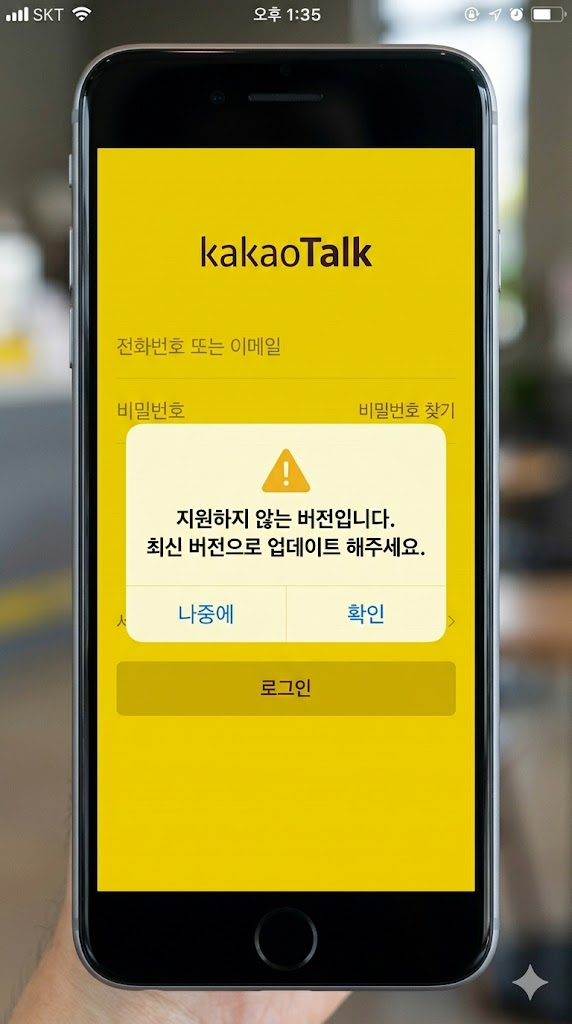 PC 카톡 지원하지 않는 버전 오류 메시지 화면