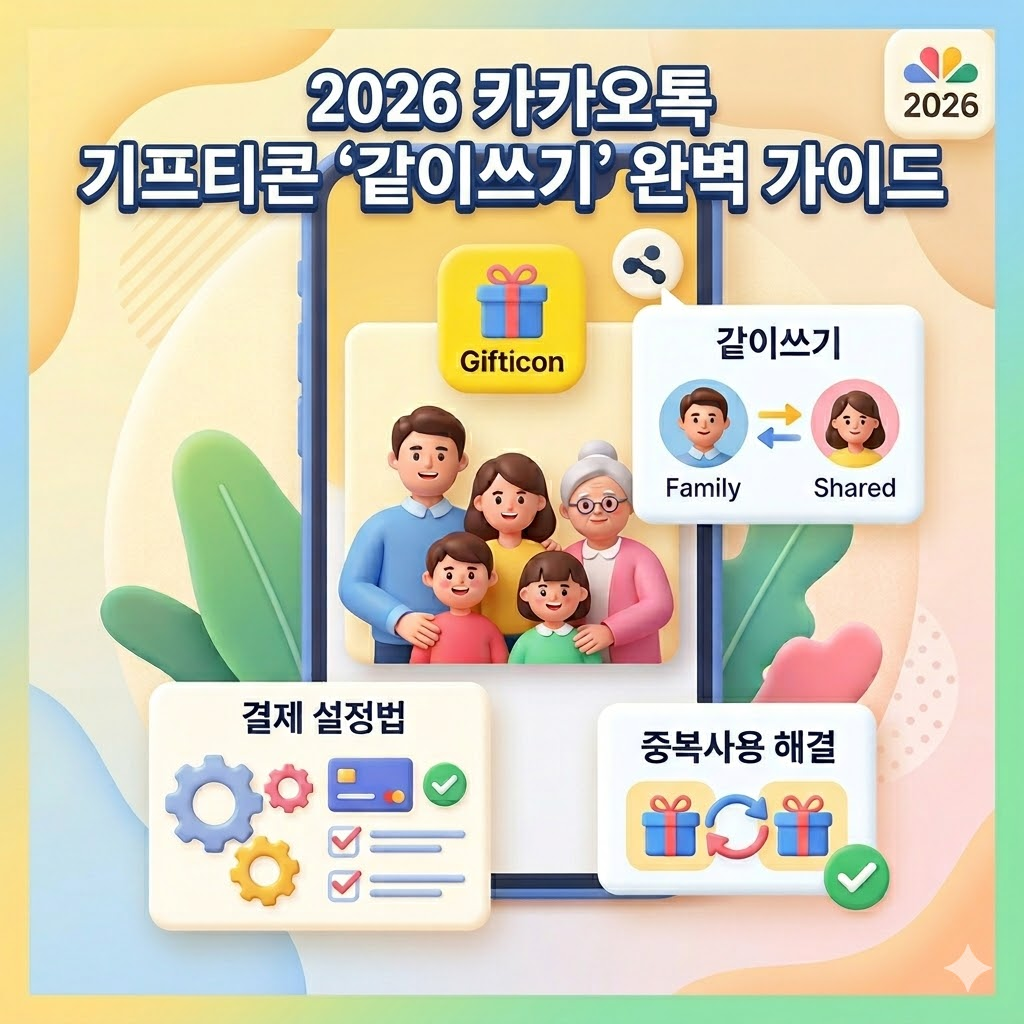 카카오톡 기프티콘 같이쓰기 가족 공유 설정 및 결제 방법 안내. 중복 사용 문제 해결법을 시각화한 3D 캐릭터 일러스트레이션.