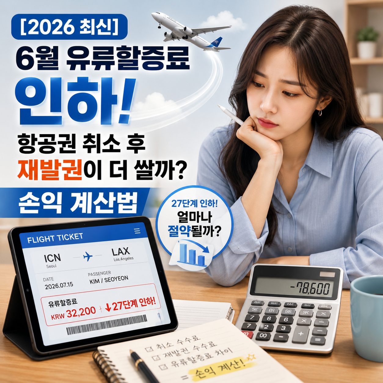 2026년 6월 국제선 유류할증료 27단계 인하 항공권 재발권 손익 계산기 확인 모습