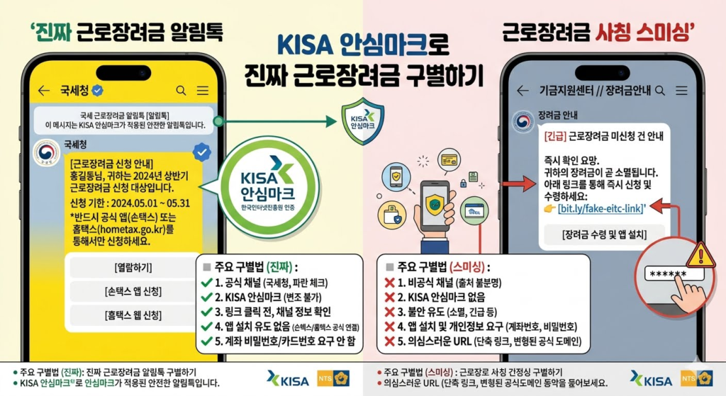  KISA 안심마크가 포함된 국세청 2026년 근로장려금 카카오톡 알림톡 진짜 화면 확인법