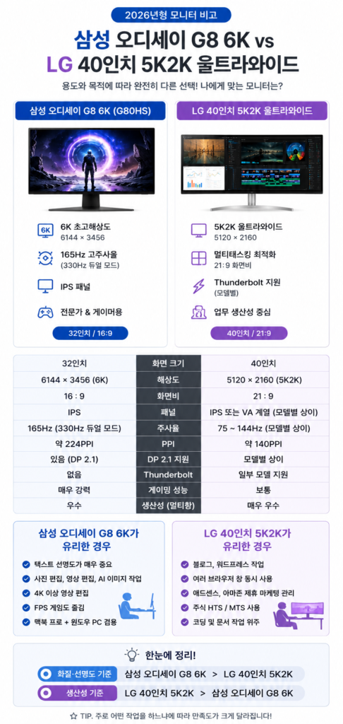 2026년형 삼성 오디세이 G8 6K 및 LG 40인치 5K2K 울트라와이드 모니터 비교
