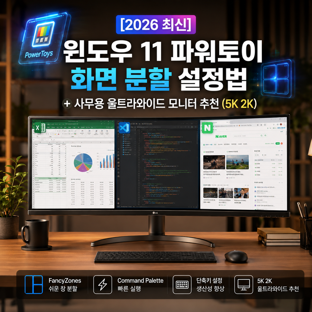 2026년 최신 데스크테리어와 파워토이 화면 분할이 완벽 적용된 5K2K 울트라와이드 모니터