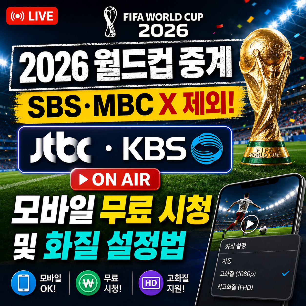 [2026 월드컵 중계] SBS·MBC 제외 팩트체크: JTBC·KBS 온에어 모바일 무료 시청 및 화질 설정법 썸네일