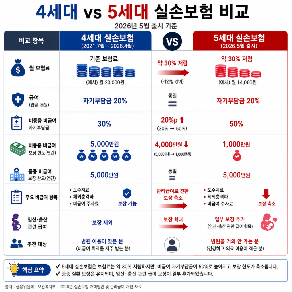 2026년 5세대 실손보험 도수치료 보장 제외 갈아타기 비교