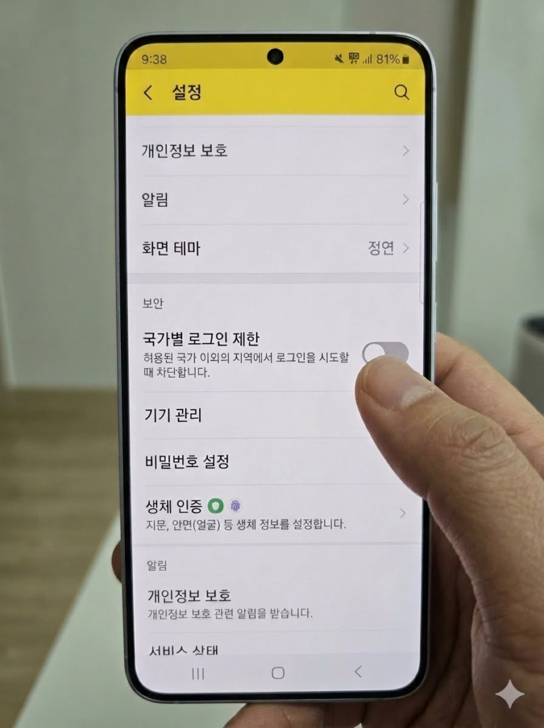 카카오톡 국가별 로그인 제한 해제 설정 화면 해외 접속 차단 풀기