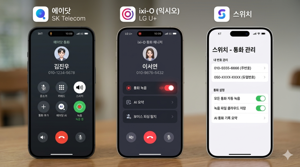 아이폰 통화녹음 고지 멘트 우회 가능한 에이닷 익시오 스위치 앱 화면 비교