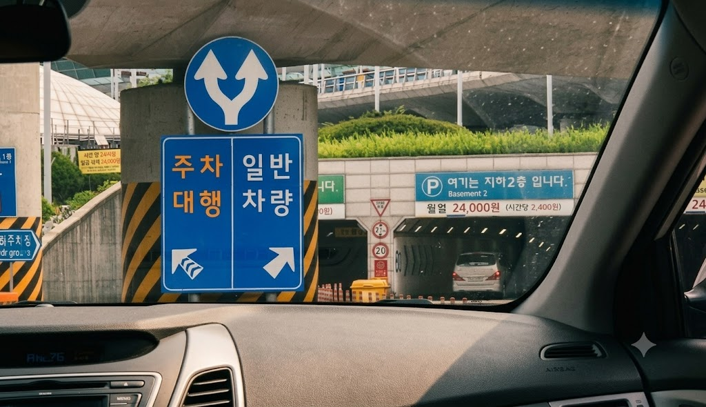 인천공항 제1여객터미널 지하1층 A구역 공식 주차대행 진입로 안내판