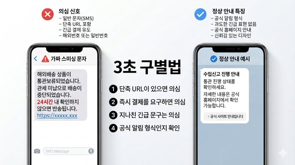 관세청 통관보류 사칭 스미싱 문자와 실제 알림톡 비교 화면