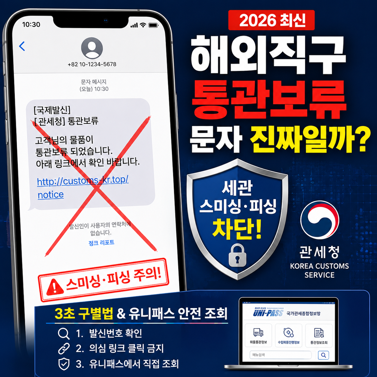 해외직구 통관보류 문자와 세관 스미싱 구별법을 나타내는 스마트폰 화면