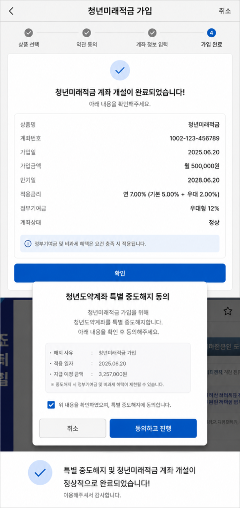 청년도약계좌 특별 중도해지 및 미래적금 모바일 가입 화면