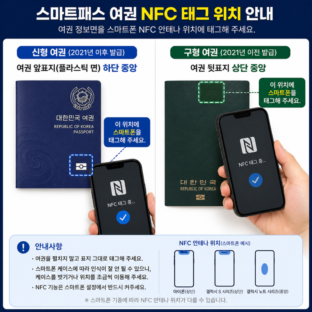 스마트패스 신형 여권 플라스틱 면과 구형 여권 뒷면에 스마트폰 NFC를 태그하는 정확한 위치 안내