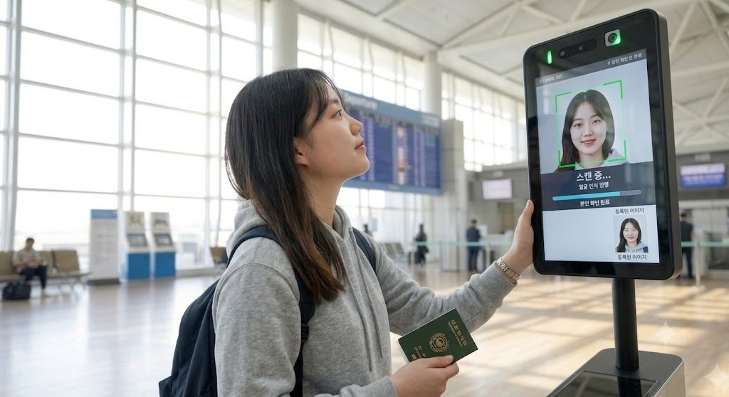 인천공항 스마트패스 전용 출국장 얼굴 인식 카메라 앞에서 눈썹을 보이며 서 있는 여행객