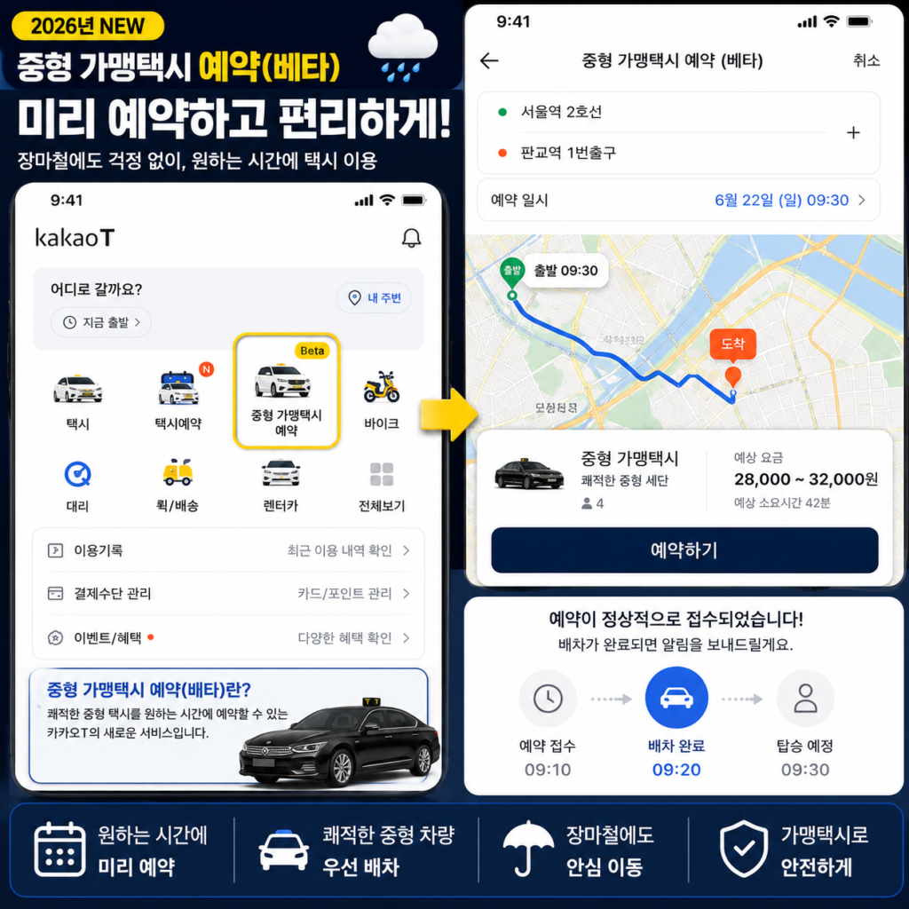 카카오T 중형 가맹택시 예약 베타 서비스 장마철 활용법