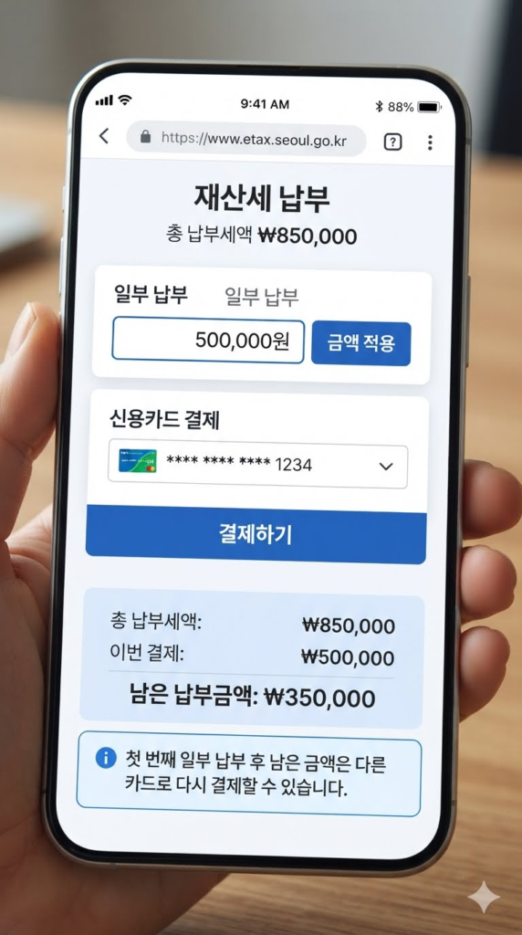 재산세 카드 분할 납부 금액 쪼개기 설정 화면