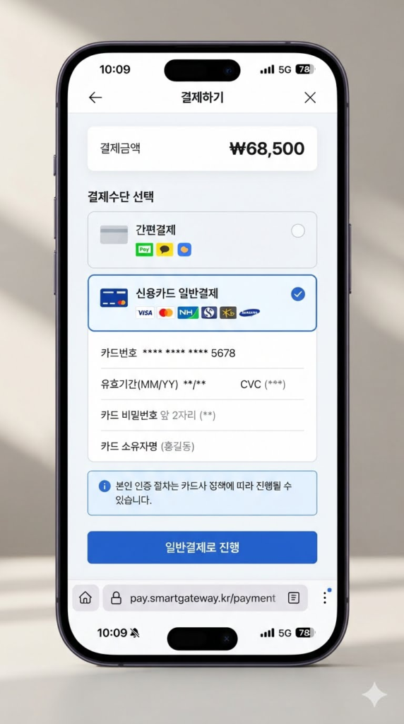 카카오페이 타인카드 대납 오류 우회 일반결제 진행 화면