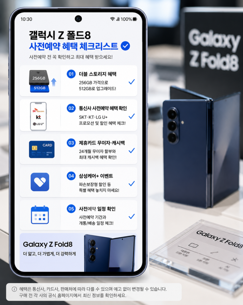 갤럭시 Z 폴드8 사전예약 전 더블 스토리지, 통신사 혜택, 제휴카드 할인, 삼성케어+ 이벤트를 확인하는 체크리스트 화면
