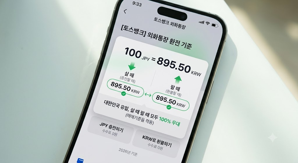 살 때 팔 때 모두 환율 우대 100%를 적용해 주는 토스뱅크 외화통장 앱 화면 비교