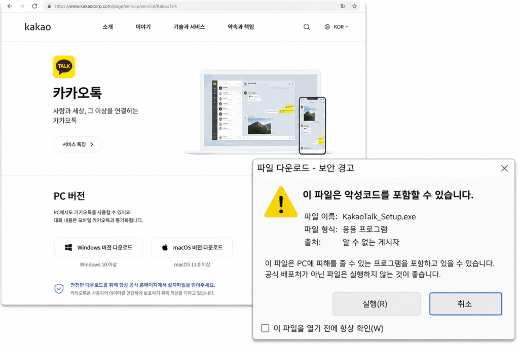 2026년 보안이 강화된 카카오톡 PC버전 최신 공식 홈페이지 다운로드 화면 및 악성코드 주의 경고문