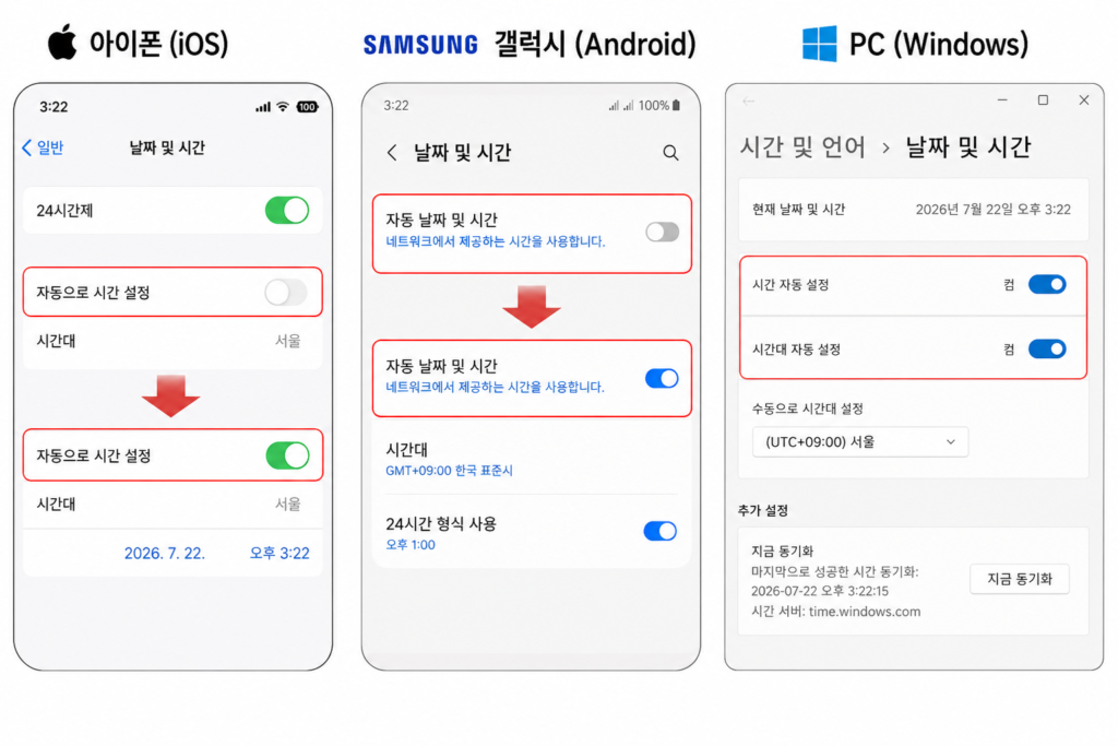 아이폰 및 갤럭시 스마트폰 자동 시간 설정(네트워크 시간 동기화) 및 PC 날짜 시간 맞추기 설정 화면