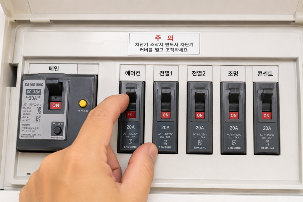 삼성 에어컨 C101 E101 에러 원인인 실외기 통신 불량 해결을 위해 차단기를 내리는 모습