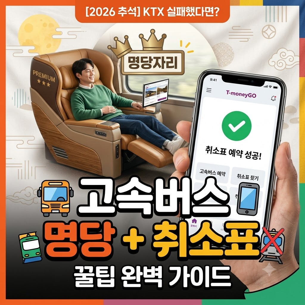 2026년 추석 프리미엄 고속버스 명당 좌석 및 티머니GO 취소표 예매 스마트폰 화면
