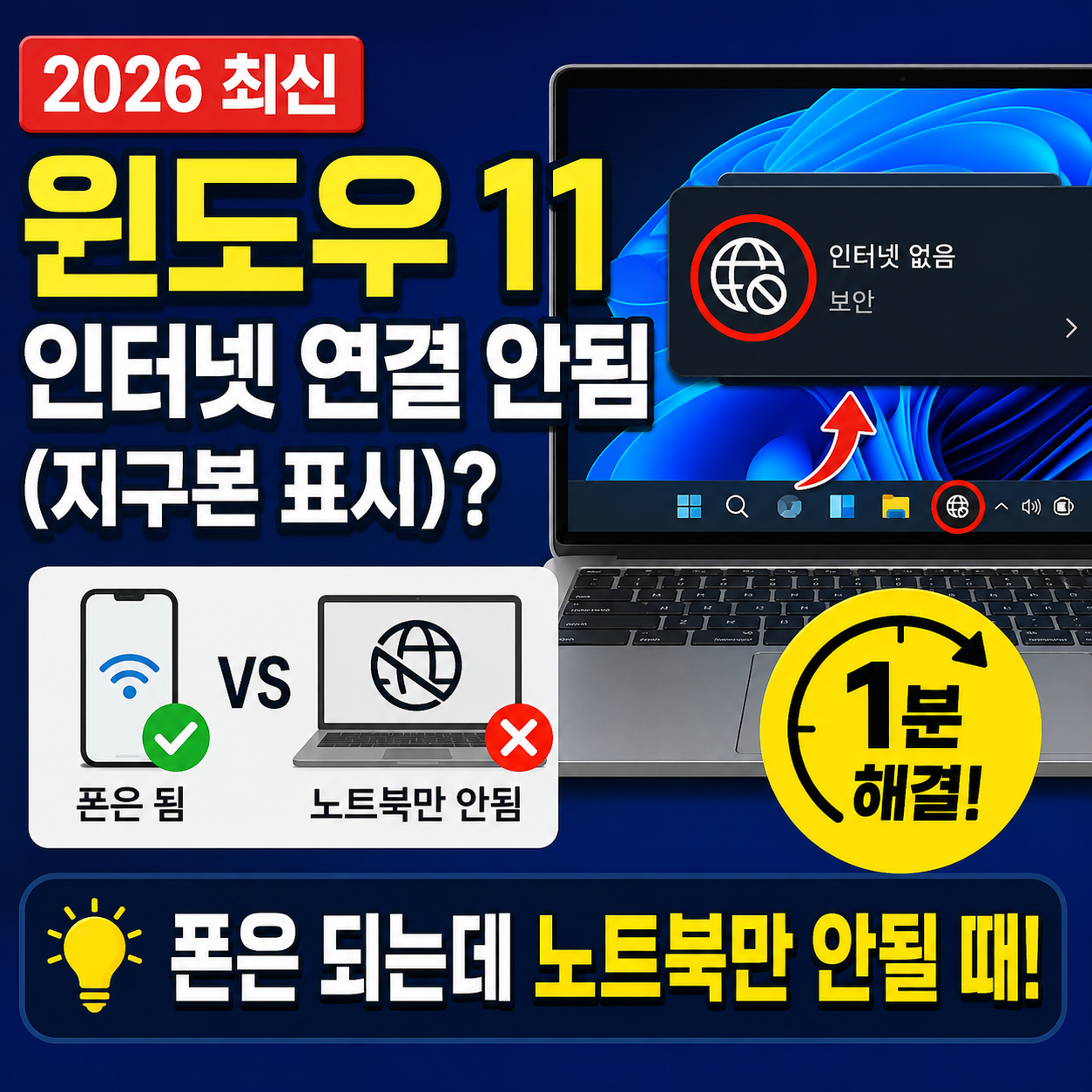 노트북 인터넷 연결 안됨 지구본 아이콘 1분 해결책 썸네일