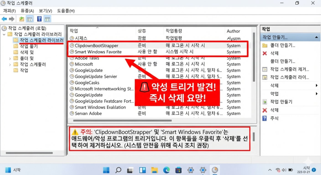 윈도우 11 작업 스케줄러 실행 화면. 왼쪽 트리 메뉴에서 '작업 스케줄러 라이브러리' 폴더가 선택되어 있고, 중앙 메인 목록에 'ClipdownBootStrapper', 'Smart Windows Favorite' 등 악성 트리거 항목들에 빨간색 네모 박스로 삭제를 유도하는 직관적이고 깔끔한 안내용 UI 스크린샷.