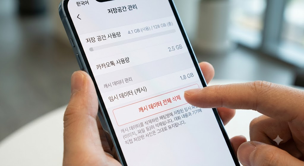 카카오톡 앱 내부 설정에서 캐시 데이터 전체 삭제를 진행하는 화면