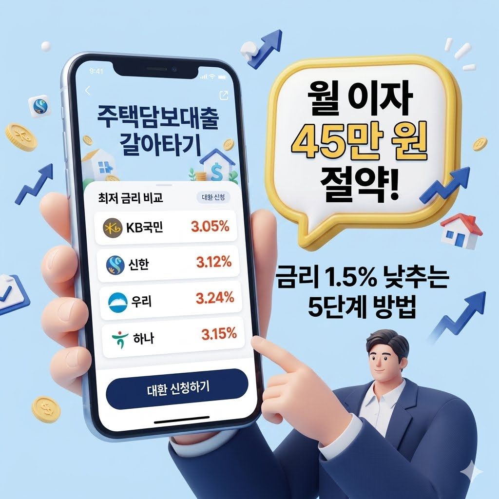 2026년 주택담보대출 대환대출 갈아타기 스마트폰 금리 비교 화면과 이자 절감 효과