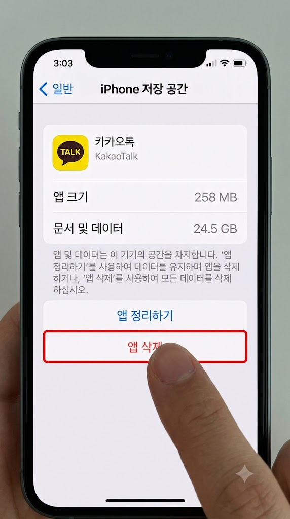 아이폰 설정 저장공간 메뉴에서 카카오톡 앱 삭제를 통해 문서 및 데이터를 완벽 초기화하는 화면