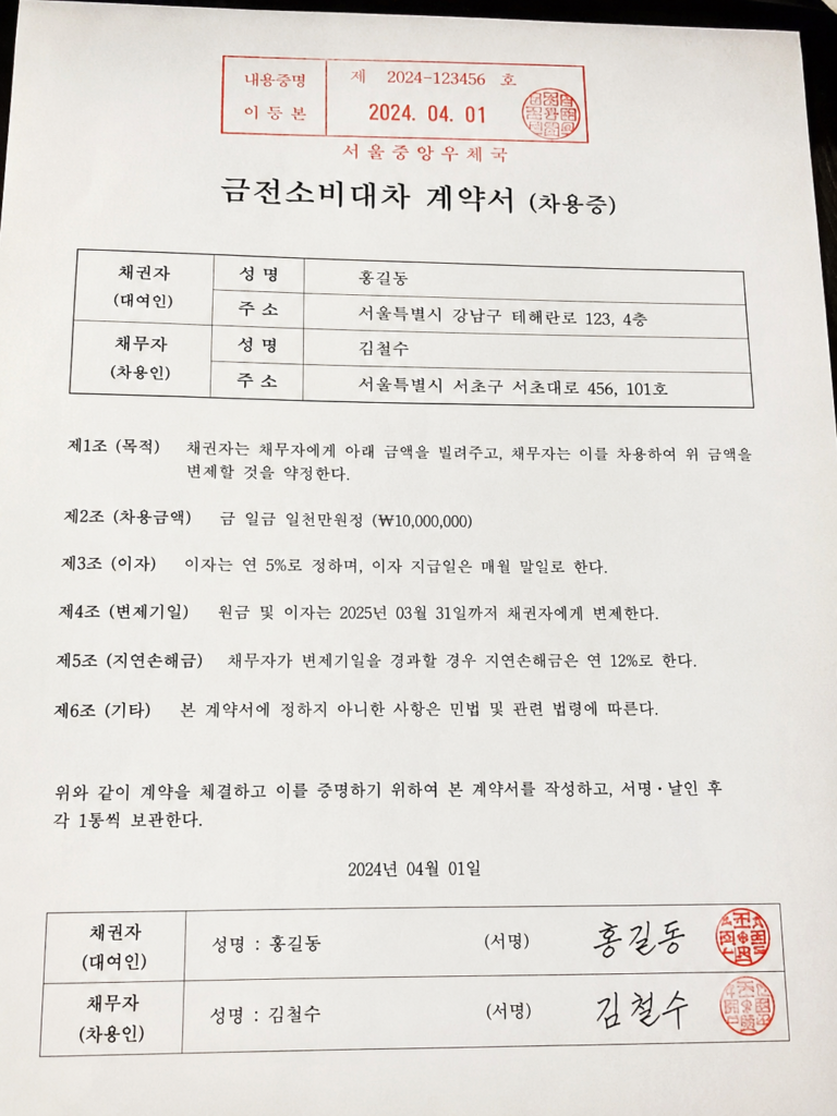 우체국 내용증명 양식 및 확정일자 도장이 찍힌 차용증 샘플