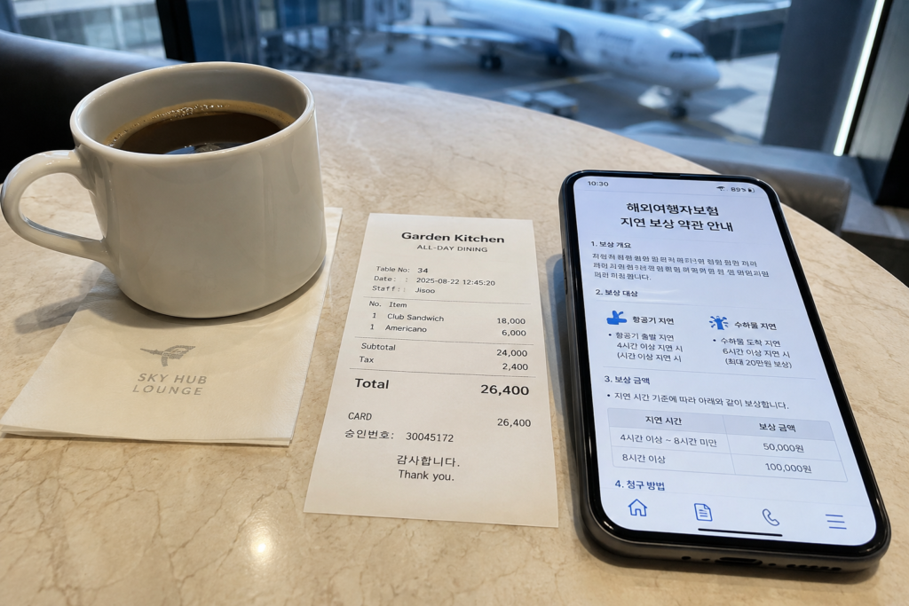 공항 라운지 식비 결제 영수증과 해외여행자보험 지연 보상 약관 안내문 비교 화면