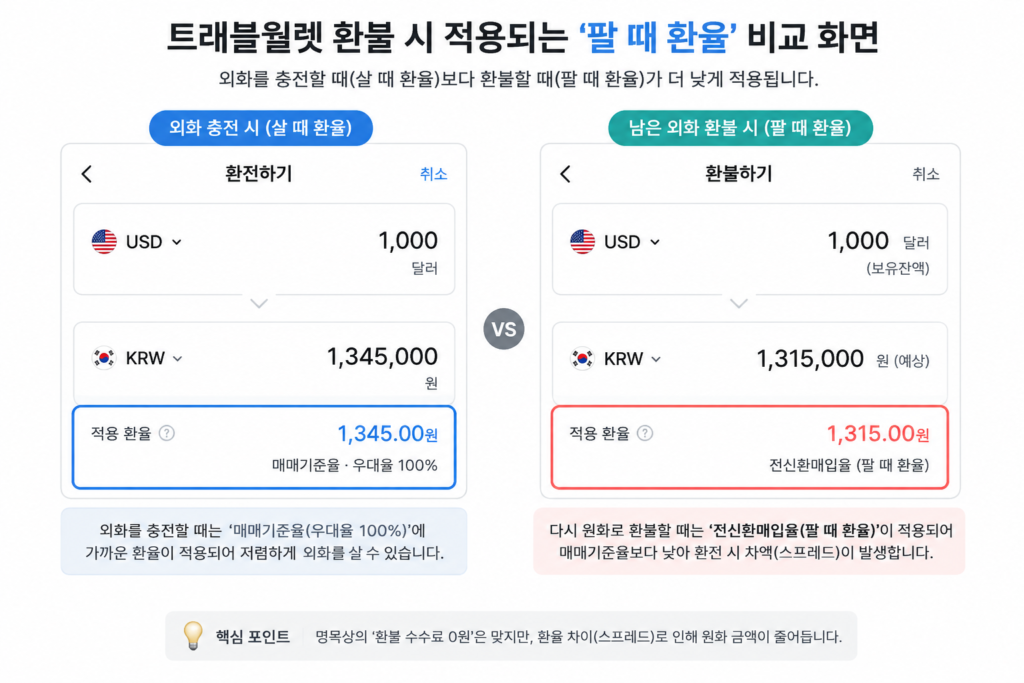 트래블월렛 앱 내 남은 엔화 달러 환불 시 적용되는 팔 때 환율(전신환매입율) 화면 캡처
