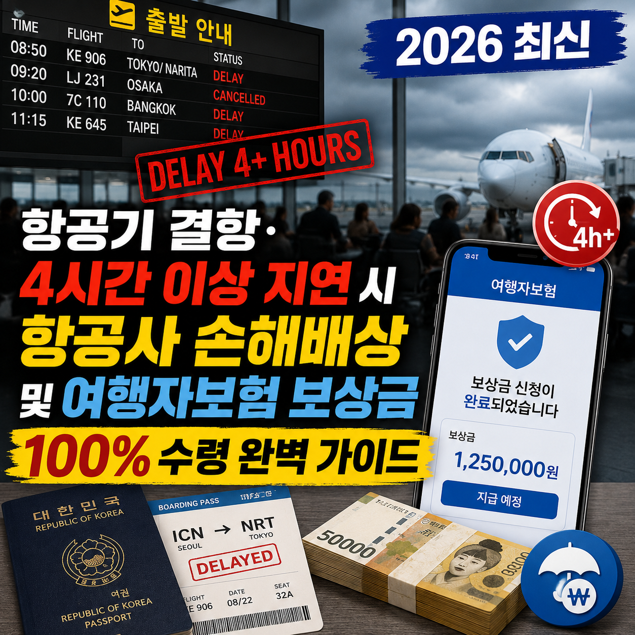 [2026 최신] 항공기 결항·4시간 이상 지연 시 항공사 손해배상 및 여행자보험 보상금 100% 수령 완벽 가이드 썸네일