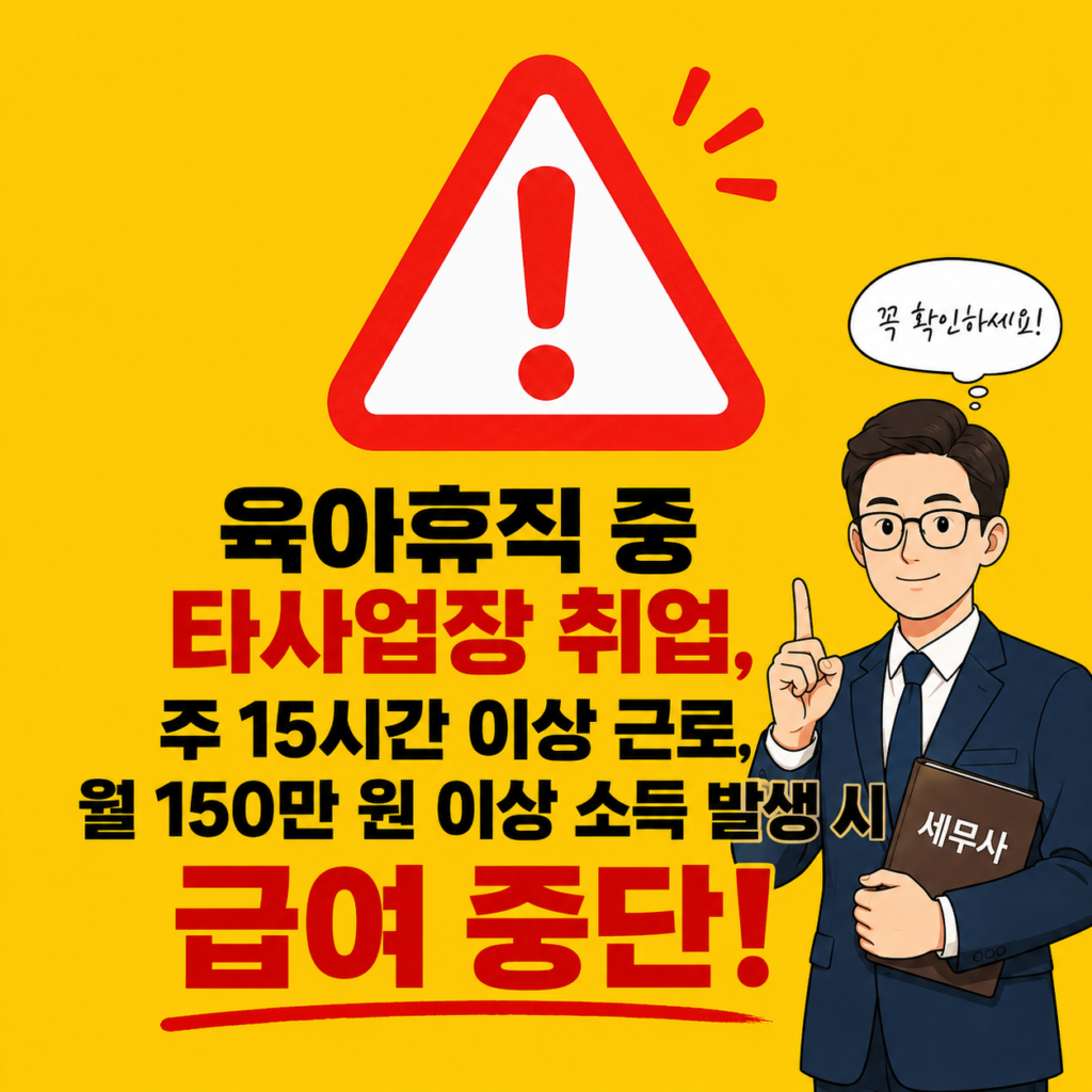 육아휴직 중 부업 및 사업소득 발생 시 급여 지급 중단 경고 및 노무사 상담 안내 인포그래픽