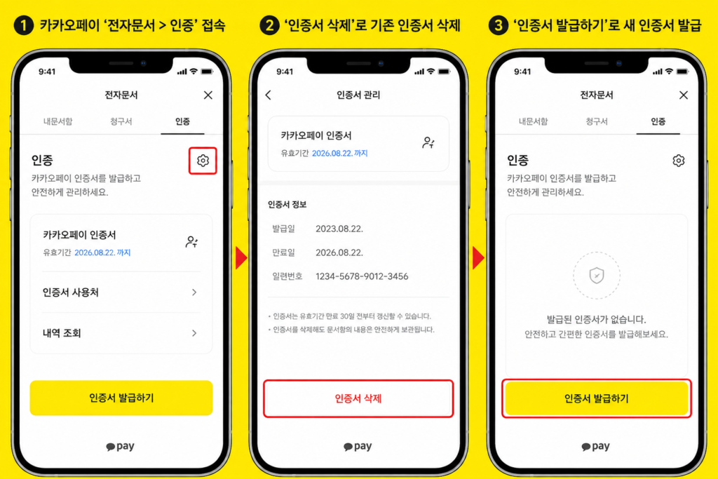 카카오페이 인증서 삭제 후 신규 재발급 메뉴 화면 경로