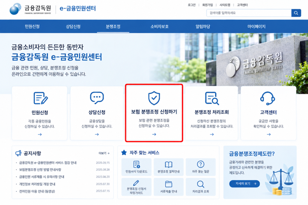 금융감독원 e-금융민원센터 분쟁조정 신청 화면 UI 및 제3의료기관 자문 대응