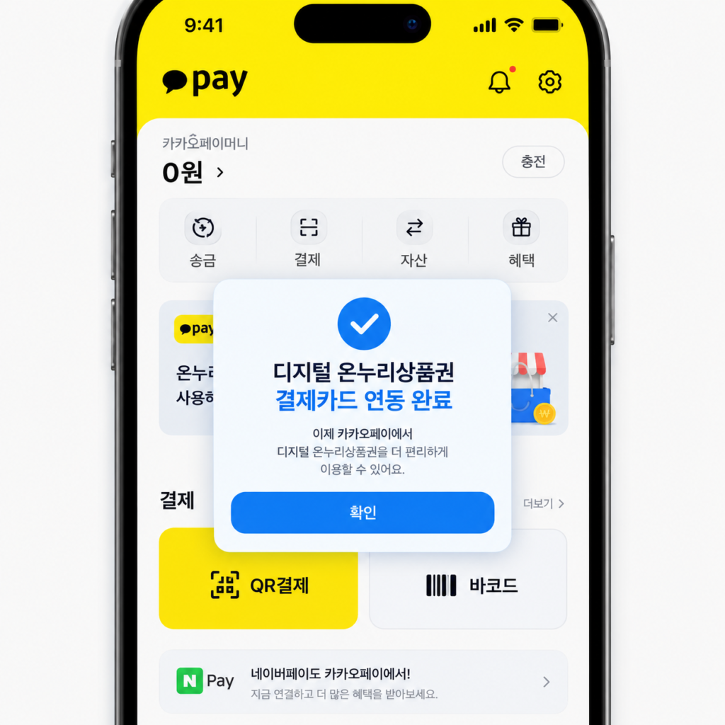 온누리상품권 카카오페이 등록 및 카드 연동 완료 화면