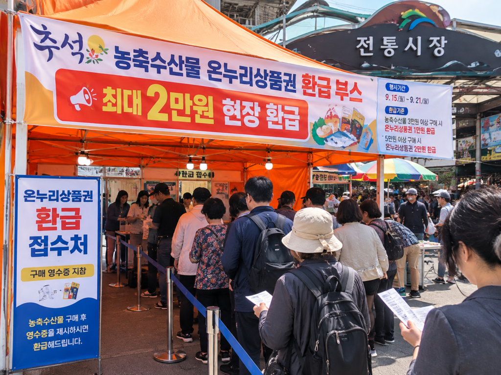 전통시장 온누리상품권 현장 환급 부스 및 영수증 제출 장면