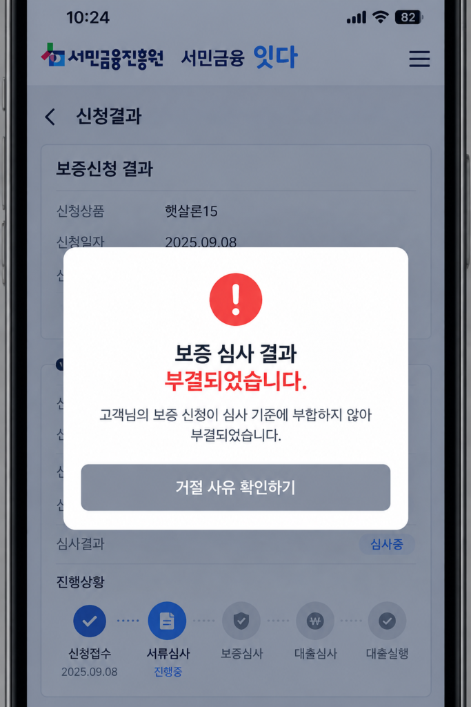서민금융 잇다 앱 햇살론 유스 보증 심사 부결 및 앱컷 화면