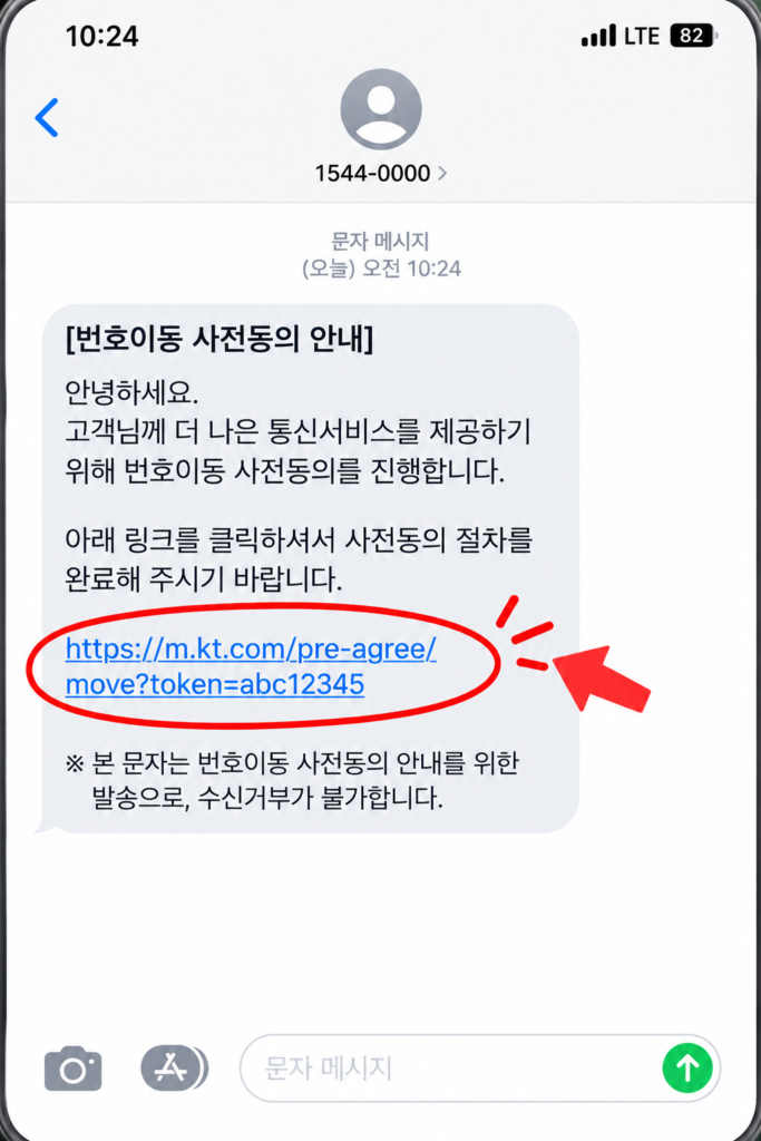 기존 통신사 번호이동 ARS 사전동의 문자 메시지 및 KTOA 링크 확인 화면