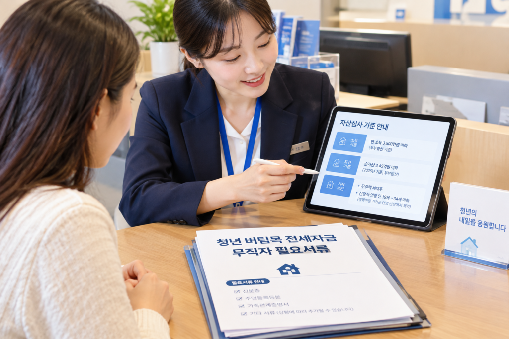은행 창구에서 무직자 프리랜서 전월세 대출 상담을 받는 모습과 필요 서류 안내