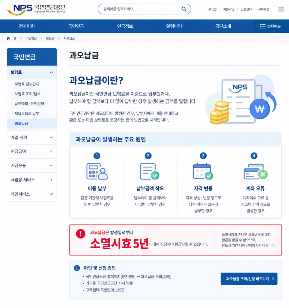 국민연금 미수령 환급금 및 과오납금 발생 원인 5년 소멸시효 안내 화면