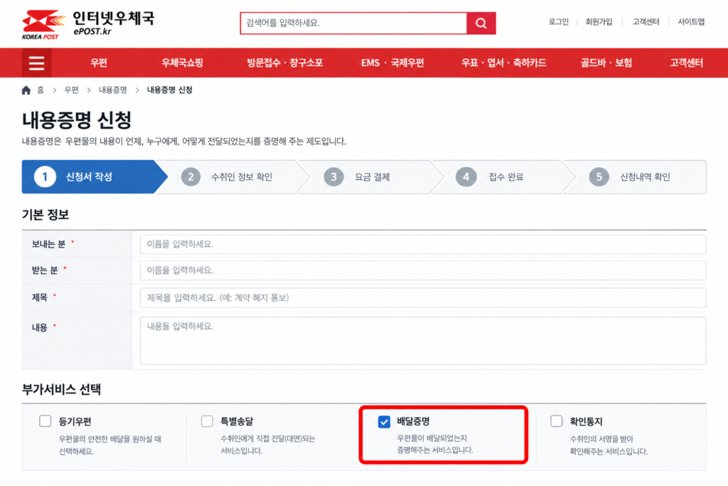 인터넷우체국 내용증명 간편제작 메뉴 및 배달증명 선택 화면