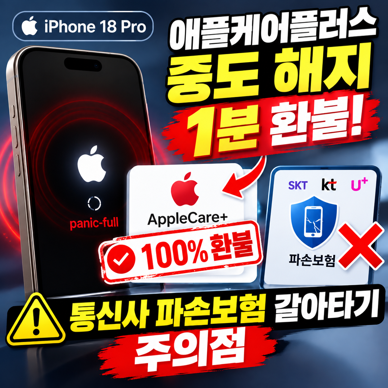 아이폰 18 프로 무한 재부팅 화면과 애플케어플러스 전액 환불 및 통신사 파손보험 비교 일러스트